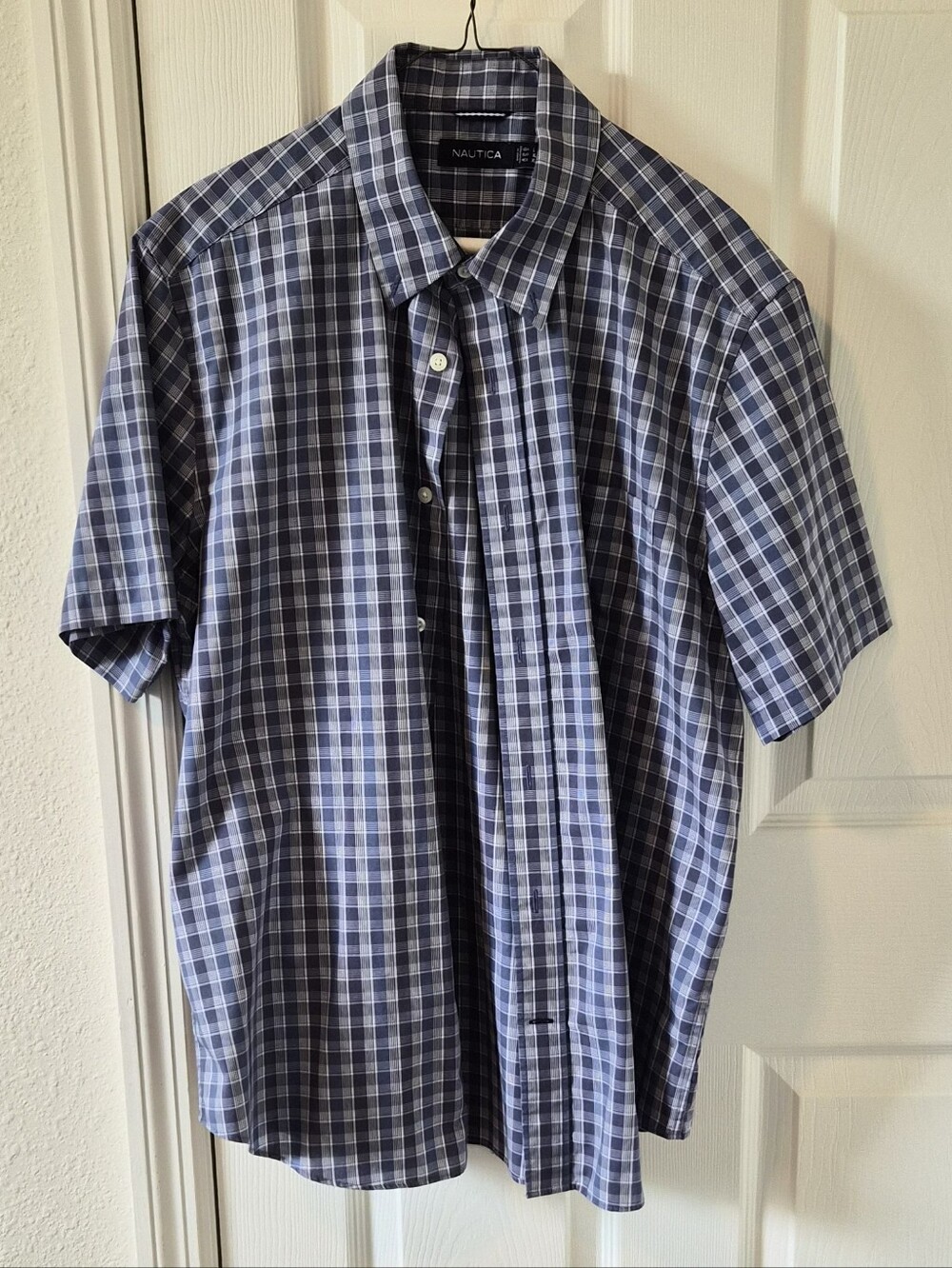 Nautica Navy and White Short-Sleeve Plaid Button-Down Shirt